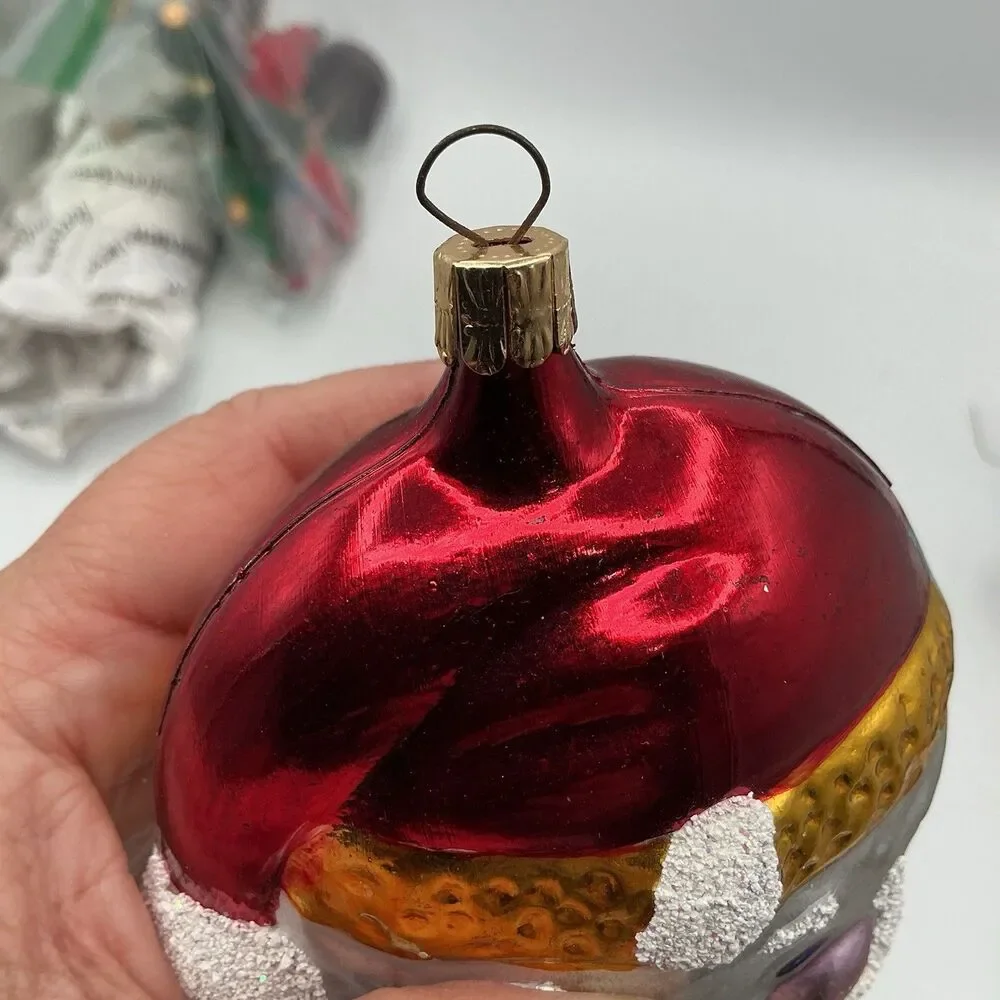 Retro Santa Head Glass Christmas Ornament Red Silver Glitter Beard Holiday Decor